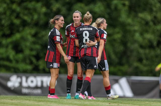 GER, Bad Nauheim, Eintracht Frankfurt vs Racing Strasbourg, Vorbereitung, Fussball, DFB, Spielzeit 2026 2027, Sportplatz Bad Nauheim, Testspiel im Bild: Danique Tolhoek (Eintracht Frankfurt Frauen 22) erzielt das Tor zum 1:0, Jubel, Freude und Emotionen, Laura Freigang (Eintracht Frankfurt Frauen 10) DFB DFL REGULATIONS PROHIBIT ANY USE OF PHOTOGRAPHS AS IMAGE SEQUENCES AND OR QUASI-VIDEO, 31.07.2026 *** GER, Bad Nauheim, Eintracht Frankfurt vs. Racing Strasbourg, Preseason, Soccer, DFB, 2026–2027 Season, Bad Nauheim Sports Field, Friendly Match: Photo by Danique Tolhoek—Eintracht Frankfurt Women’s Team 22 scores the 1–0 goal, Celebration, joy, and emotion; Laura Freigang, Eintracht Frankfurt Women’s Team No. 10. DFB and DFL regulations prohibit any use of photographs as image sequences and or quasi-video. July 31, 2026 Copyright: HMBxMedia HendrikxHamelau
