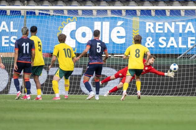SITTARD , 31-07-2026 , Fortuna Sittard Stadium , pre season 2026 2027 , Dutch Eredivisie , football , friendly match between Fortuna Sittard and Apoel Nicosia , picture shows Fortuna Sittard goalkeeper Mattijs Branderhorst is too late to save ; 2-1 Fortuan Sittard - Apoel Nicosia (friendly)  x205354539x Copyright: