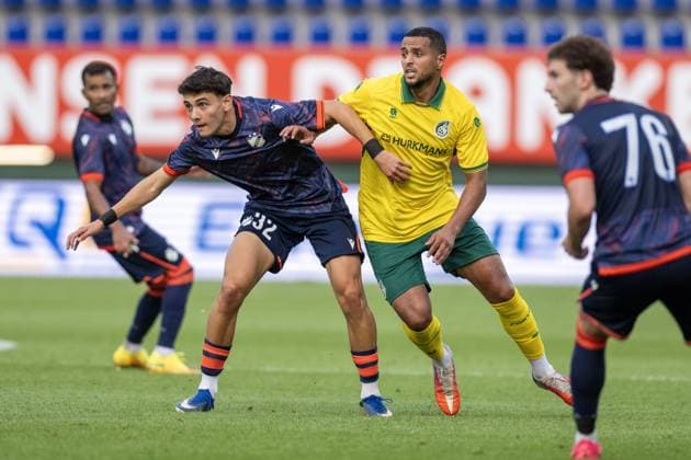 SITTARD , 31-07-2026 , Fortuna Sittard Stadium , pre season 2026 2027 , Dutch Eredivisie , football , friendly match between Fortuna Sittard and Apoel Nicosia , picture shows Apoel player Ioannis Avramidis and Fortuna Sittard player Mohamed Ihattaren Fortuan Sittard - Apoel Nicosia (friendly)  x205354760x Copyright: