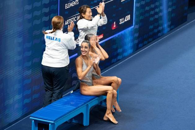 European Aquatics Championships Paris 2026 - Day One Anna Maria Alexandri and Eirini Marina Alexandri of Greece reacts after competing in the duet technical artistic swimming final event during the LEN European Aquatics Championships at the Olympic Aquatics Centre in Saint-Denis, northeastern suburbs of Paris, on July 31, 2026. Paris Paris Paris France Copyright: xxZsomborxCzomax