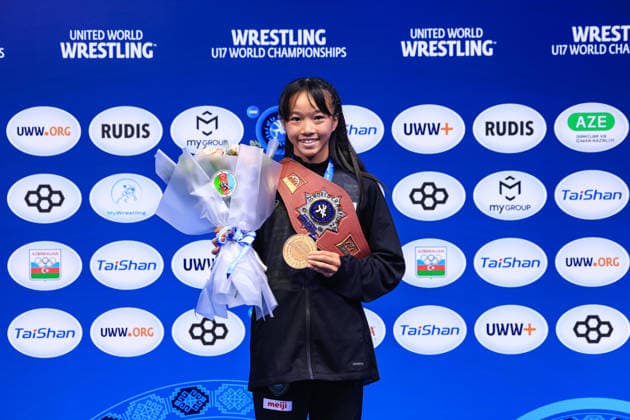 U17, U 17 Wrestling World Championships Podium 40kg WW - Gold: Natsumi Sasaki (JPN) *** U17 Wrestling World Championships, 40kg Weight Class, Women s Division, Gold Medal: Natsumi Sasaki (JPN) Copyright: xUnitedxWorldxWrestlingx xAmirrezx UWW-U17-WC-BAKU-2026