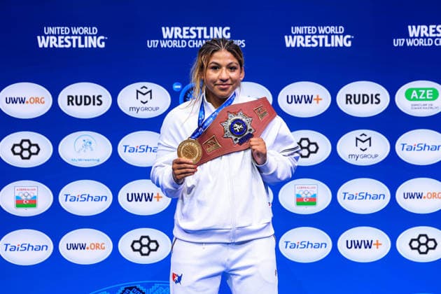 U17, U 17 Wrestling World Championships Podium 69kg WW - Gold: Taina Rose Fernandez (USA) *** U17 Wrestling World Championships, 69kg Weight Class, Gold Medal: Taina Rose Fernandez, USA Copyright: xUnitedxWorldxWrestlingx xAmirrezx UWW-U17-WC-BAKU-2026