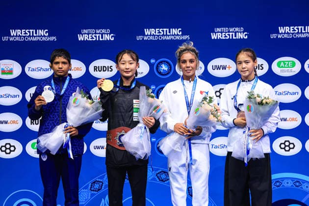 U17, U 17 Wrestling World Championships Podium 46kg WW - Gold: Kokona Makino (JPN), Silver: Sandhya Vishnoi (IND), Bronze: Madison Marie Healey (USA), Inzhu Bakkozha (KAZ) *** U17 Wrestling World Championships Podium: 46kg WW – Gold: Kokona Makino (JPN); Silver: Sandhya Vishnoi (IND); Bronze: Madison Marie Healey (USA); Inzhu Bakkozha (KAZ) Copyright: xUnitedxWorldxWrestlingx xAmirrezx UWW-U17-WC-BAKU-2026