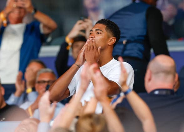 Birmingham, England, 31st July 2026. Jude Bellingham of Real Madrid acknowledges fans during the Birmingham City vs FC Barcelona, Barca Pre Season Friendly match at St Andrews, Birmingham. Picture credit should read: Cody Froggatt Sportimage EDITORIAL USE ONLY. No use with unauthorised audio, video, data, fixture lists, club league logos or live services. Online in-match use limited to 120 images, no video emulation. No use in betting, games or single club league player publications. SPI_010_CF_BIRMINGHAM_V_BARCA SPI-4887-0008