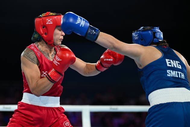 COM26 BOXING, Emma-Sue Greentree of Australia competes with Mary Kate Smith of England in the Women™s 75kg Semi-Final Bout of the Glasgow 2026 Commonwealth Games at SEC Centre in Glasgow, Scotland, Friday, July 31, 2026. ( NO ARCHIVING, EDITORIAL USE ONLY Glasgow Scotland United Kingdom  Copyright: xLUKASxCOCHx 20260801152757112789