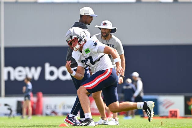 Jul 31, 2026; Foxborough, MA, USA; New England Patriots wide receiver Romeo Doubs (87) does a drill at training camp held at Gillette Stadium, in Foxborough, Massachusetts. CSM NFL, American Football Herren, USA 2026: New England Patriots Training Camp JUL 31  - ZUMAc04_ 20260731_zma_c04_113 Copyright: xEricxCanhax