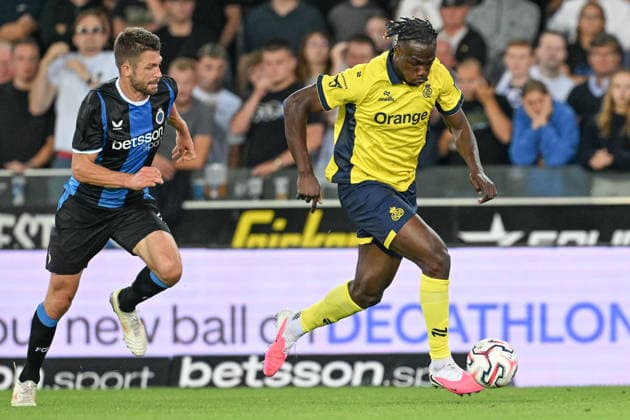 260731 Club Brugge vs Royale Union Saint-Gilloise Brandon Mechele (44) of Club Brugge fighting for the ball with Promise David (12) of Union during the Supercup soccer game ahead of the Jupiler Pro League season 2026 - 2027 between Club Brugge KV and Royale Union Saint-Gilloise on July 31 , 2026 in Brugge, Belgium. (Photo by David Catry Isosport) Brugge Belgium  Copyright: xDavidxCatryx 20260731DC2_2812