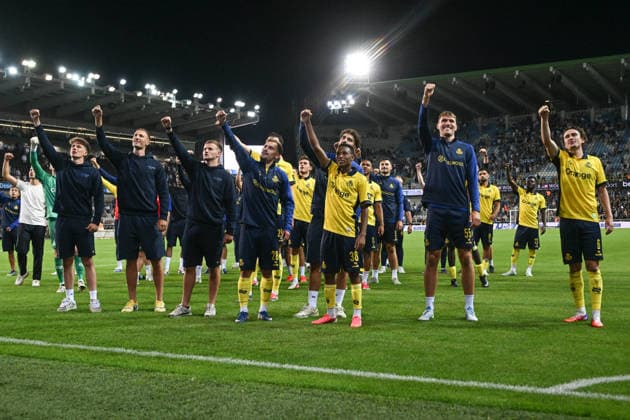 260731 Club Brugge vs Royale Union Saint-Gilloise players of Union celebrate after winning during the Supercup soccer game ahead of the Jupiler Pro League season 2026 - 2027 between Club Brugge KV and Royale Union Saint-Gilloise on July 31 , 2026 in Brugge, Belgium. (Photo by David Catry Isosport) Brugge Belgium  Copyright: xDavidxCatryx 20260731DC2_3566
