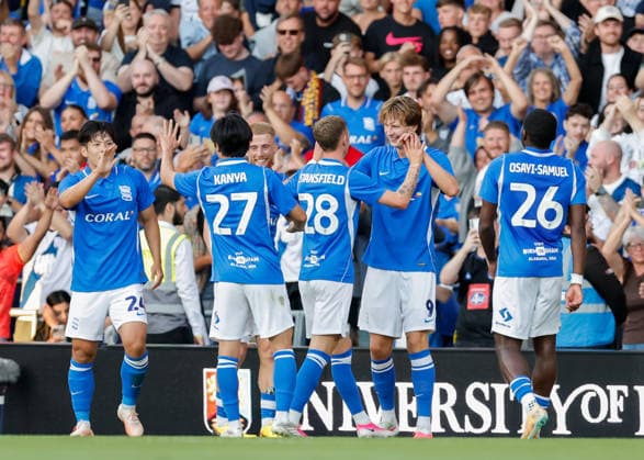 Birmingham, England, 31st July 2026. August Priske of Birmingham City celebrates scoring their sides first goal during the Birmingham City vs FC Barcelona, Barca Pre Season Friendly match at St Andrews, Birmingham. Picture credit should read: Cody Froggatt Sportimage EDITORIAL USE ONLY. No use with unauthorised audio, video, data, fixture lists, club league logos or live services. Online in-match use limited to 120 images, no video emulation. No use in betting, games or single club league player publications. SPI_016_CF_BIRMINGHAM_V_BARCA SPI-4887-0015
