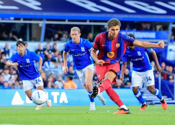 Birmingham, England, 31st July 2026. Hamza Abdelkarim of FC Barcelona, Barca scores their sides first goal during the Birmingham City vs FC Barcelona Pre Season Friendly match at St Andrews, Birmingham. Picture credit should read: Cody Froggatt Sportimage EDITORIAL USE ONLY. No use with unauthorised audio, video, data, fixture lists, club league logos or live services. Online in-match use limited to 120 images, no video emulation. No use in betting, games or single club league player publications. SPI_018_CF_BIRMINGHAM_V_BARCA SPI-4887-0017
