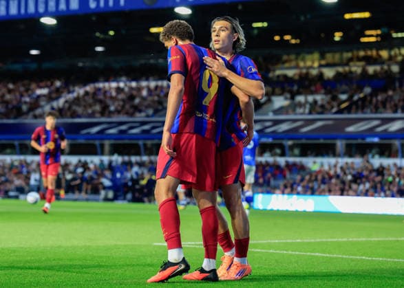 Birmingham, England, 31st July 2026. Hamza Abdelkarim of FC Barcelona, Barca celebrates scoring their sides second goal during the Birmingham City vs FC Barcelona Pre Season Friendly match at St Andrews, Birmingham. Picture credit should read: Cody Froggatt Sportimage EDITORIAL USE ONLY. No use with unauthorised audio, video, data, fixture lists, club league logos or live services. Online in-match use limited to 120 images, no video emulation. No use in betting, games or single club league player publications. SPI_026_CF_BIRMINGHAM_V_BARCA SPI-4887-0025