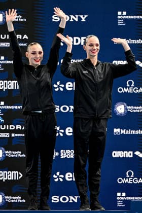 Maiia Doroshko and Aleksandra Shmidt Neutral Athletes B celebrate after winning the silver medal in the artistic swimming Duet Tech Final during the European Aquatics Championships at the Olympic Aquatic Center in Paris (France), July 31, 2026. Andrea Masini Deepbluemedia Insidefoto