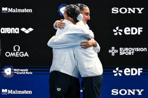 Anna Maria Alexandri and Eirini Marina Alexandri of Greece celebrate after winning the gold medal in the artistic swimming Duet Tech Final during the European Aquatics Championships at the Olympic Aquatic Center in Paris (France), July 31, 2026. Andrea Staccioli