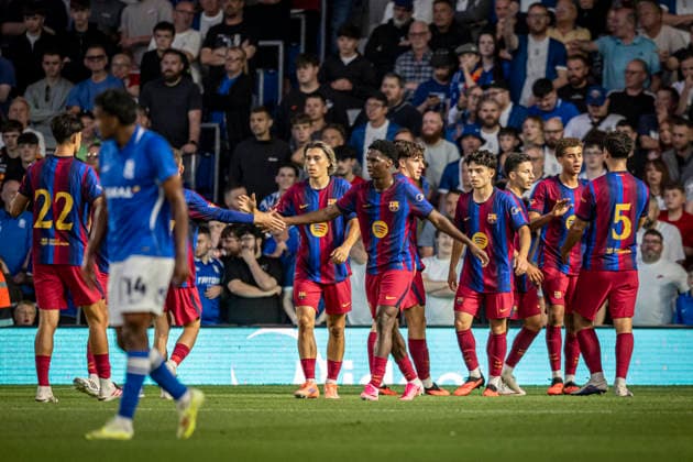 RECORD DATE NOT STATED 31st July 2026; St Andrews, Birmingham, West Midlands, England; Friendly Football, Birmingham City versus Barcelona; FC Barcelona, Barca celebrate the goal scored by Hamza Abdelkarim in the 60th minute to make the score 1-2 GodfreyxPitt