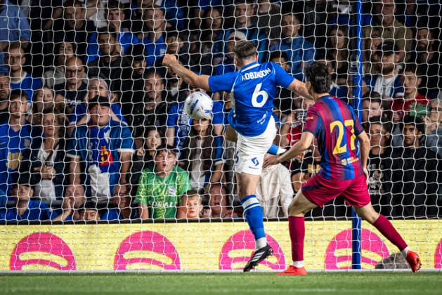 RECORD DATE NOT STATED 31st July 2026; St Andrews, Birmingham, West Midlands, England; Friendly Football, Birmingham City versus Barcelona; Jack Robinson of Birmingham City clears the ball off the line GodfreyxPitt