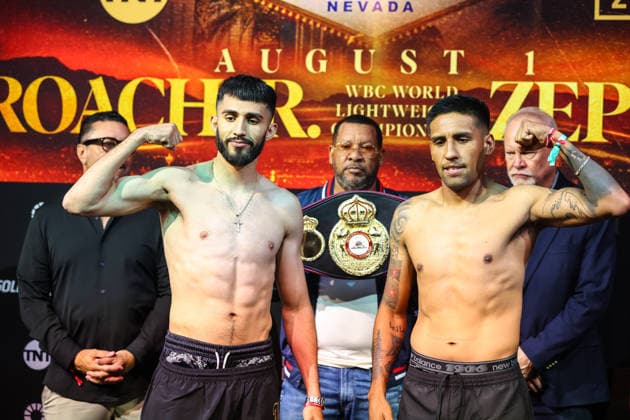 July 31, 2026: (L-R) Welterweights Joel Iriarte and Jorge Lagunas face-off on stage during weigh-ins for the Roach Jr. vs Zepeda event at the Skybox Lounge inside the Virgin Hotels on July 31, 2026 in Las Vegas, NV. CSM. Las Vegas United States of America - ZUMAc04_ 20260731_zma_c04_190 Copyright: xChristopherxTrimx