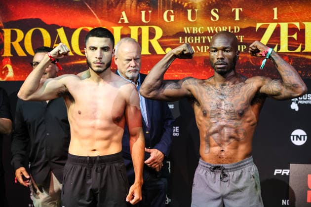 July 31, 2026: (L-R) Middleweights Fabian Guzman and Aaron Coley face-off on stage during weigh-ins for the Roach Jr. vs Zepeda event at the Skybox Lounge inside the Virgin Hotels on July 31, 2026 in Las Vegas, NV. CSM. Las Vegas United States of America - ZUMAc04_ 20260731_zma_c04_196 Copyright: xChristopherxTrimx