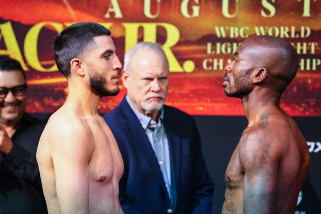 July 31, 2026: (L-R) Middleweights Fabian Guzman and Aaron Coley face-off on stage during weigh-ins for the Roach Jr. vs Zepeda event at the Skybox Lounge inside the Virgin Hotels on July 31, 2026 in Las Vegas, NV. CSM. Las Vegas United States of America - ZUMAc04_ 20260731_zma_c04_203 Copyright: xChristopherxTrimx