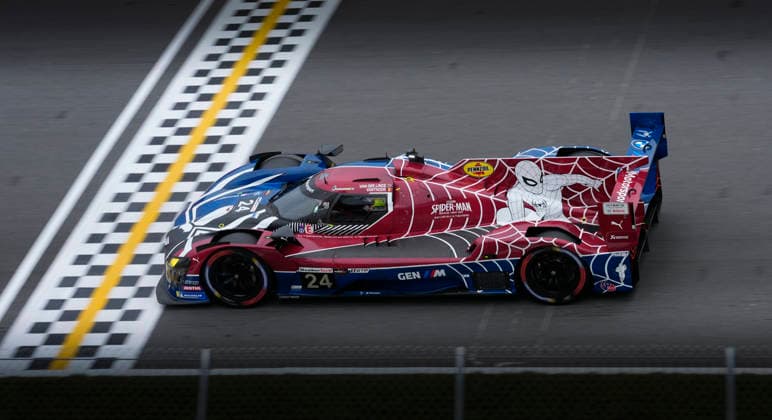 July 31, 2026, Elkhart Lake, Wisconsin, USA: The 24 WRT BMW M GTP, with the special Spider Man movie livery, driven by Sheldon van der Linde and Dries Vanthoor, during Free Practice 1 at Road America in Elkhart Lake, Wisconsin. Elkhart Lake USA - ZUMAd212 20260731_zsp_d212_022 Copyright: xRichardxDolex