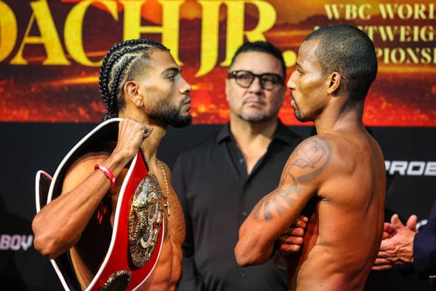 July 31, 2026: (L-R) Lightweight Raymond Muratalla and Robson Conceicao face-off on stage during weigh-ins for the Roach Jr. vs Zepeda event at the Skybox Lounge inside the Virgin Hotels on July 31, 2026 in Las Vegas, NV. CSM. Las Vegas United States of America - ZUMAc04_ 20260731_zma_c04_213 Copyright: xChristopherxTrimx