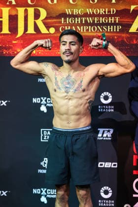 July 31, 2026: Junior Lightweight Francisco Pedroza Portillo on stage during weigh-ins for the Roach Jr. vs Zepeda event at the Skybox Lounge inside the Virgin Hotels on July 31, 2026 in Las Vegas, NV. CSM. Las Vegas United States of America - ZUMAc04_ 20260731_zma_c04_224 Copyright: xChristopherxTrimx