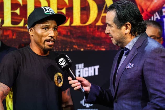 July 31, 2026: Lightweight Robson Conceicao gives an interview on stage during weigh-ins for the Roach Jr. vs Zepeda event at the Skybox Lounge inside the Virgin Hotels on July 31, 2026 in Las Vegas, NV. CSM. Las Vegas United States of America - ZUMAc04_ 20260731_zma_c04_226 Copyright: xChristopherxTrimx