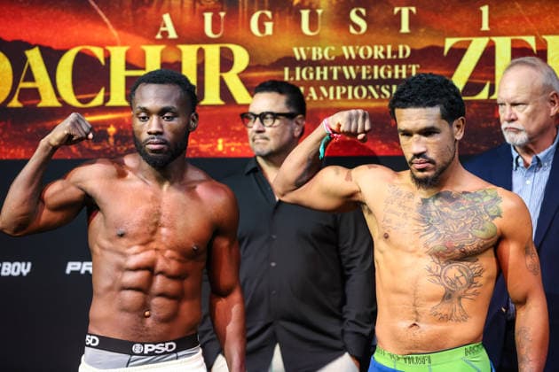 July 31, 2026: (L-R) Junior Middleweights Charles Conwell and Paul Kroll face-off on stage during weigh-ins for the Roach Jr. vs Zepeda event at the Skybox Lounge inside the Virgin Hotels on July 31, 2026 in Las Vegas, NV. CSM. Las Vegas United States of America - ZUMAc04_ 20260731_zma_c04_239 Copyright: xChristopherxTrimx