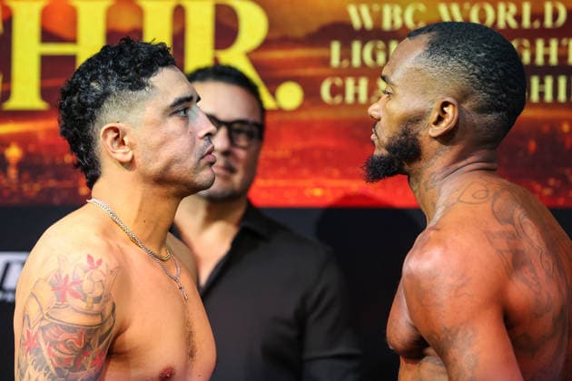 July 31, 2026: (L-R) Welterweights Raul Curiel and Quinton Randall face-off on stage during weigh-ins for the Roach Jr. vs Zepeda event at the Skybox Lounge inside the Virgin Hotels on July 31, 2026 in Las Vegas, NV. CSM. Las Vegas United States of America - ZUMAc04_ 20260731_zma_c04_237 Copyright: xChristopherxTrimx