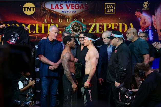 July 31, 2026, Las Vegas, Nevada, USA: LAMONT ROACH (L) and WILLIAM ZEPEDA (R) both scaled at 134.6 lbs for the championship belt tomorrow nightÃ¢â‚¬â ¢s Golden Boy promotion at the Virgin Hotel in Las Vegas. Las Vegas USA - ZUMAo117 20260731_zsp_o117_001 Copyright: xMikaelxOnax