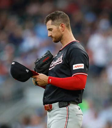 Pitcher Foster Griffin 22 of the Washington Nationals pauses before the first inning against the Atlanta Braves at Truist Park on Friday, July 31, 2026 in Atlanta, Georgia.  ATL20260731103 MikexZarrilli