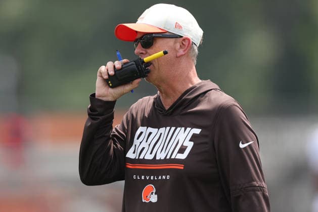 Cleveland Browns head coach Todd Monken talks on the radio during training camp in Berea, Ohio on Friday July 31, 2026.  CLE20260731119 AARONxJOSEFCZYK