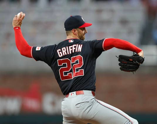 Pitcher Foster Griffin 22 of the Washington Nationals throws a pitch in the fifth inning against the Atlanta Braves at Truist Park on Friday, July 31, 2026 in Atlanta, Georgia.  ATL20260731114 MikexZarrilli