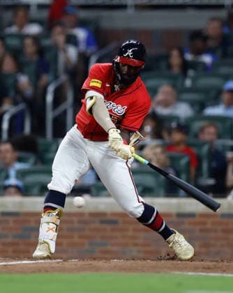 Centerfielder Michael Harris, Jr. II 23 of the Atlanta Braves hits a single in the seventh inning against the Washington Nationals at Truist Park on Friday, July 31, 2026 in Atlanta, Georgia.  ATL20260731121 MikexZarrilli