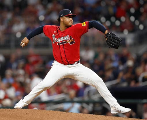 Pitcher Elieser Hernandez 57 of the Atlanta Braves throws a pitch in the ninth inning against the Washington Nationals at Truist Park on Friday, July 31, 2026 in Atlanta, Georgia.  ATL20260731122 MikexZarrilli