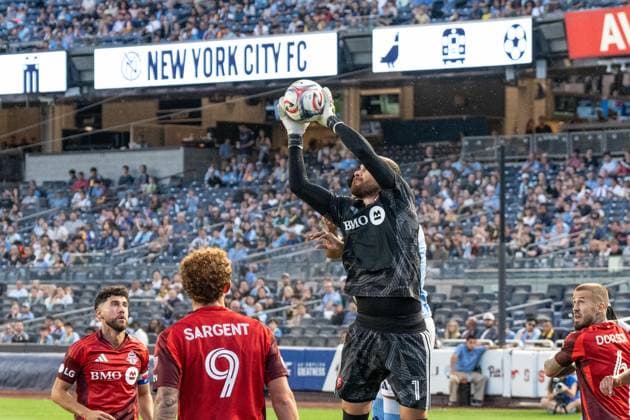 July 31, 2026, Bronx, New York, USA: Goalkeeper Luka Gavran (1) of Toronto FC saves during Regular Season game between NYCFC and Toronto FC at Yankee stadium in New York, NY on July 31, 2026. Game ended in draw 1 - 1. Bronx USA - ZUMAr339 20260731_znp_r339_028 Copyright: xLevxRadinx