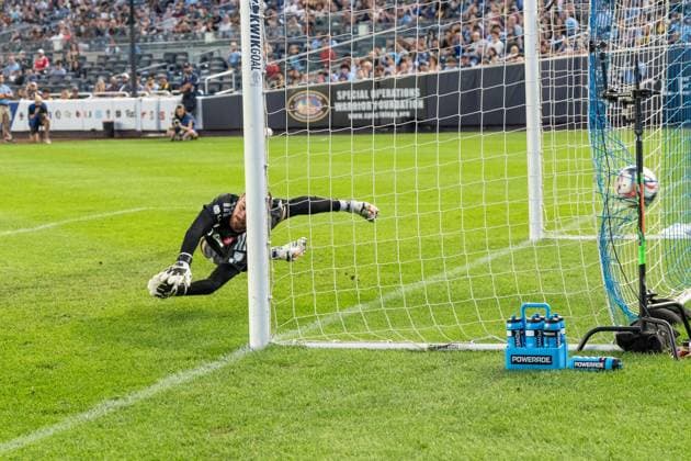 July 31, 2026, Bronx, New York, USA: Goalkeeper Luka Gavran (1) of Toronto FC could not save penalty kick by Nicolas Fernandez Mercau (7) of NYCFC (not pictured) during Regular Season game between NYCFC and Toronto FC at Yankee stadium in New York, NY on July 31, 2026. Game ended in draw 1 - 1. Bronx USA - ZUMAr339 20260731_znp_r339_031 Copyright: xLevxRadinx