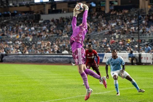 July 31, 2026, Bronx, New York, USA: Goalkeeper Matt Freeze (49) of NYCFC saves during Regular Season game between NYCFC and Toronto FC at Yankee stadium in New York, NY on July 31, 2026. Game ended in draw 1 - 1. Bronx USA - ZUMAr339 20260731_znp_r339_073 Copyright: xLevxRadinx