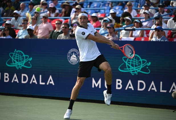 WASHINGTON, DC - JULY 31: Taylor Fritz of the United States returns a shot in the Men s Singles quarterfinal match against Alex Michelsen of the United States on day 5 of the Mubadala Citi DC Open 2026 at William H.G. FitzGerald Tennis Center on July 31, 2026 in Washington, DC.  Copyright: xChinaxNewsxServicex 111657538527