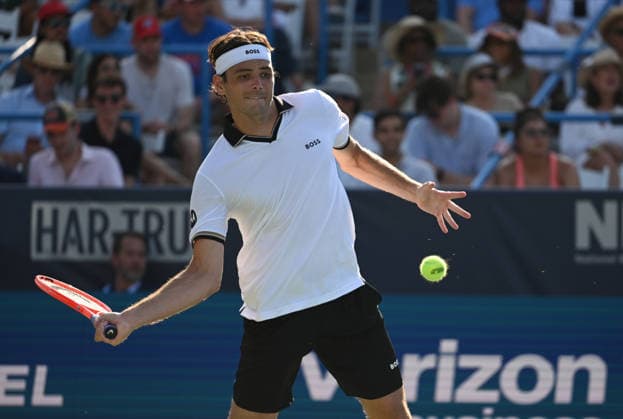 WASHINGTON, DC - JULY 31: Taylor Fritz of the United States returns a shot in the Men s Singles quarterfinal match against Alex Michelsen of the United States on day 5 of the Mubadala Citi DC Open 2026 at William H.G. FitzGerald Tennis Center on July 31, 2026 in Washington, DC.  Copyright: xChinaxNewsxServicex 111657538555