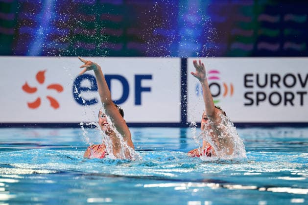 European Swimming Championships 2026 - synchronized swimming, Synchronschwimmen Duet - Saint Denis Laelys Alavez and Romane Lunel from France during the European Swimming Championships synchronized swimming duet at the Aquatic Olympic Center in Saint Denis, near Paris, Frannce on July 31, 2026. Photo by Tomas Stevens ABACAPRESS.COM Saint-Denis France  Copyright: xStevensxTomas ABACAx