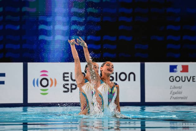 European Swimming Championships 2026 - synchronized swimming, Synchronschwimmen Duet - Saint Denis Julie Lewczyszynova and Sofie Schindlerova during the European Swimming Championships synchronized swimming duet at the Aquatic Olympic Center in Saint Denis, near Paris, Frannce on July 31, 2026. Photo by Tomas Stevens ABACAPRESS.COM Saint-Denis France  Copyright: xStevensxTomas ABACAx
