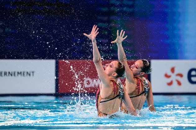 European Swimming Championships 2026 - synchronized swimming, Synchronschwimmen Duet - Saint Denis Julie Cooninx and Lara Drijkoningen from Belgium during the European Swimming Championships synchronized swimming duet at the Aquatic Olympic Center in Saint Denis, near Paris, Frannce on July 31, 2026. Photo by Tomas Stevens ABACAPRESS.COM Saint-Denis France  Copyright: xStevensxTomas ABACAx