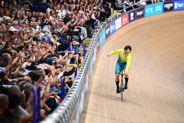 Glasgow 2026 Commonwealth Games Picture by Olly Hassell SWpix.com - 01 08 2026 - Glasgow 2026 Commonwealth Games - Track cycling, Rad, Radsport, Bahnrad, Bahn and Para Track Cycling - Sir Chris Hoy Velodrome, Glasgow, Scotland - Men s Sprint Qualifying - Leigh Hoffman of Australia celebrates setting a New Commonwealth Games Record Glasgow Sir Chris Hoy Velodrome Scotland Copyright: x xSWpix.comx(t axPhotographyxHubxLtd)xOllyxHassell SWpix.comx SWP-3030-16951