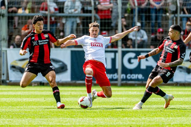 Testspiel Bayer 04 Leverkusen - Rot-Weiss Essen, am 01.08.2026, Ulrich-Haberland-Stadion, Leverkusen. Ibrahim Maza (Bayer 04 Leverkusen 30), Ezequiel Fernandez (Bayer 04 Leverkusen 6), ; Testspiel Bayer 04 Leverkusen - Rot-Weiss Essen, am 01.08.2026, Ulrich-Haberland-Stadion, Leverkusen. *** Friendly Match: Bayer 04 Leverkusen vs. Rot Weiss Essen, August 1, 2026, Ulrich Haberland Stadium, Leverkusen; Ibrahim Maza (Bayer 04 Leverkusen) 30, Ezequiel Fernandez (Bayer 04 Leverkusen) 6; Friendly match: Bayer 04 Leverkusen vs. Rot Weiss Essen, August 1, 2026, Ulrich Haberland Stadium, Leverkusen Copyright: xBEAUTIFULxSPORTS Erlhofx
