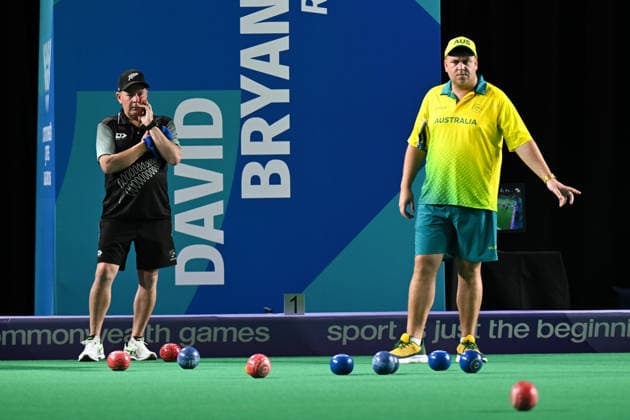 COM26 BOWLS, Corey Wedlock of Australia and Tony Grantham of New Zealand react during the Men™s Pairs Sectional Play of the Glasgow 2026 Commonwealth Games at SEC Centre Hall 3 in Glasgow, Scotland, Saturday, August 1, 2026. ( NO ARCHIVING, EDITORIAL USE ONLY Glasgow Scotland United Kingdom  Copyright: xLUKASxCOCHx 20260801145217275379