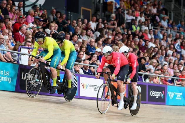 Glasgow 2026 Commonwealth Games Picture by Alex Whitehead SWpix.com - 01 08 2026 - Glasgow 2026 Commonwealth Games - Track cycling, Rad, Radsport, Bahnrad, Bahn and Para Track Cycling - Sir Chris Hoy Velodrome, Glasgow, Scotland - Men s Tandem B Sprint - Semi-Finals - Kane Perris piloted by Luke Zaccaria of Australia, James Ball piloted by Matthew Rotherham of Wales Glasgow Sir Chris Hoy Velodrome Scotland Copyright: x xSWpix.comx(t axPhotographyxHubxLtd)xAlexxWhitehead SWpix.comx SWP-3030-16986