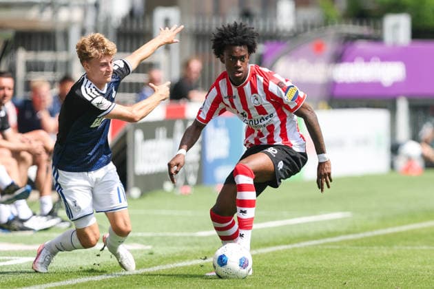 2026-08-01 Sparta Rotterdam v MSV Duisburg - Pre Season Friendly ROTTERDAM, NETHERLANDS - AUGUST 1: Lushendry Martes of Sparta Rotterdam is challenged by Dominik Kother of MSV Duisburg during the Pre Season Friendly match between Sparta Rotterdam and MSV Duisburg at Sparta-stadion Het Kasteel on August 1, 2026 in Rotterdam, Netherlands. Rotterdam Sparta-stadion Het Kasteel Netherlands Content not available for redistribution in The Netherlands directly or indirectly through any third parties. Copyright: xHansxvanxderxValkx