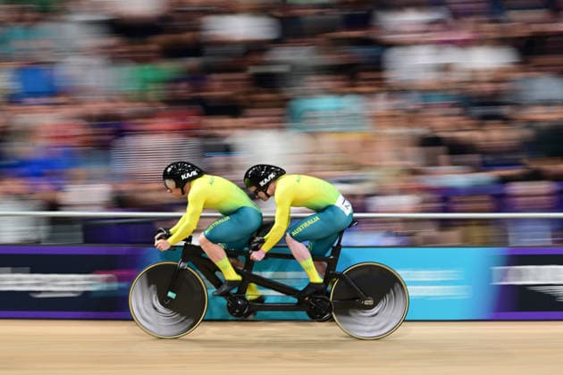 COM26 Track cycling, Rad, Radsport, Bahnrad, Bahn Kane Perris and Luke Zaccaria of Australia compete during the Men™s Tandem B Sprint qualifying during the Track Cycling at the Glasgow 2026 Commonwealth Games at the Sir Chris Hoy Velodrome in Glasgow, Scotland, Saturday, August 1, 2026. ( NO ARCHIVING, EDITORIAL USE ONLY Glasgow United Kingdom  Copyright: xDEANxLEWINSx 20260801190284510683