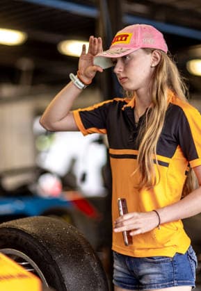 Ella Hakkinen, the daughter of former Finnish race car driver and Formula 1 driver Mika Hakkinen and his wife Marketa, at the pit area in Most, where she will compete in Formula 4, on August 1, 2026. Snapshots from the afternoon before the race. (CTKxPhoto VojtechxHajek) CTKPhotoF202608010001201  CTKPhotoF202608010001201
