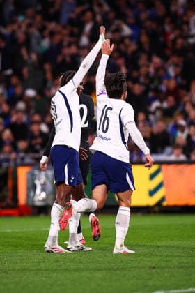 1st August 2026, Accor Stadium, Sydney, New South Wales, Australia; Friendly Football, Chelsea versus Tottenham Hotspur; Sandro Tonali of Tottenham Hotspur is congratulated by Mathys Tel of Tottenham Hotspur after scoring the opening goal in the 17th minute for 0-1 KevinxManning